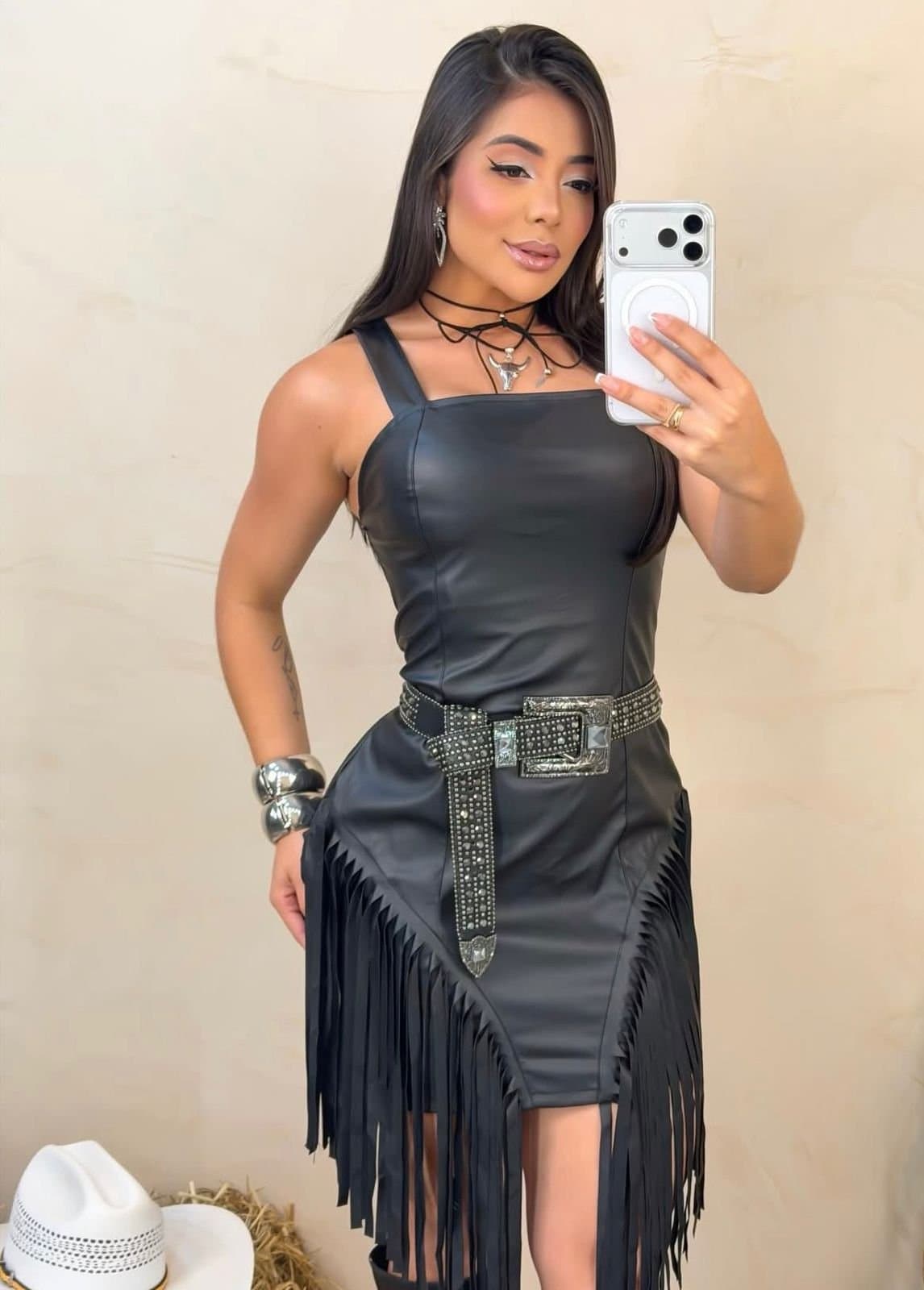 Vestido Courino com Franjas Fran Preto