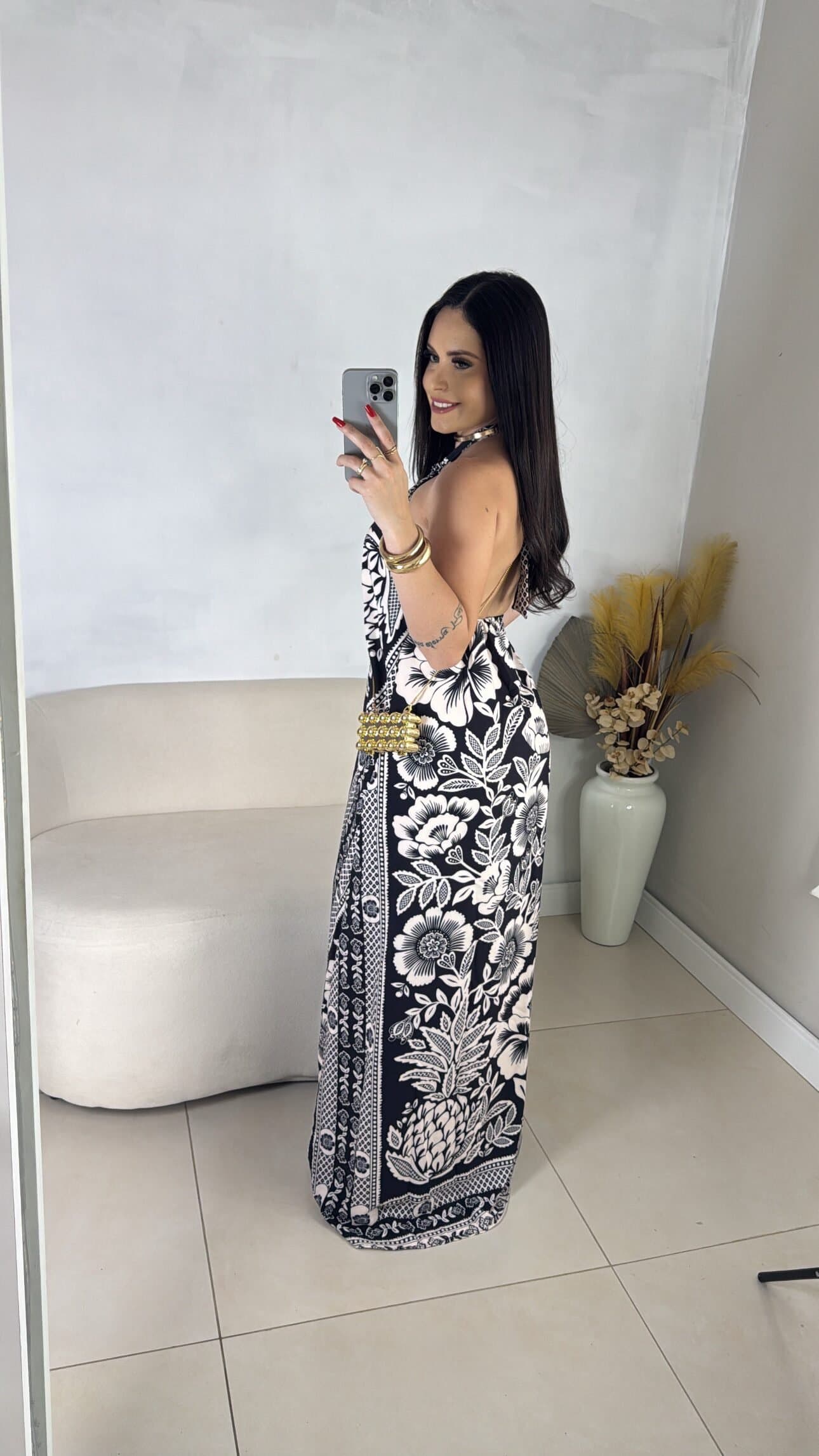 Vestido Longo Estampado Flower Branco com Preto