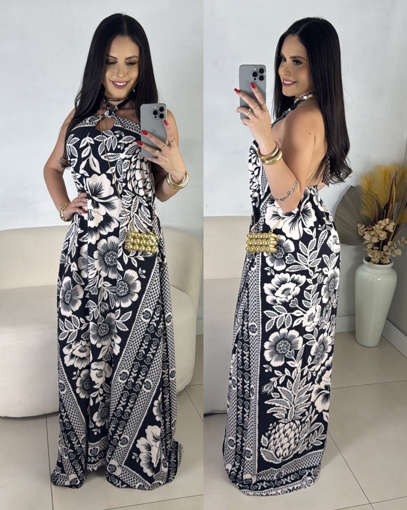 Vestido Longo Estampado Flower Branco com Preto