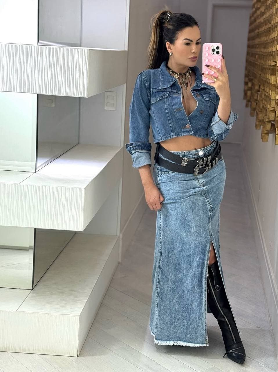 Saia Longa Melinda Jeans Com Fenda