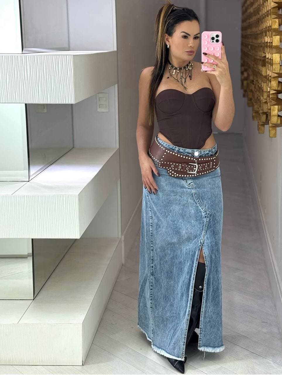 Saia Longa Melinda Jeans Com Fenda