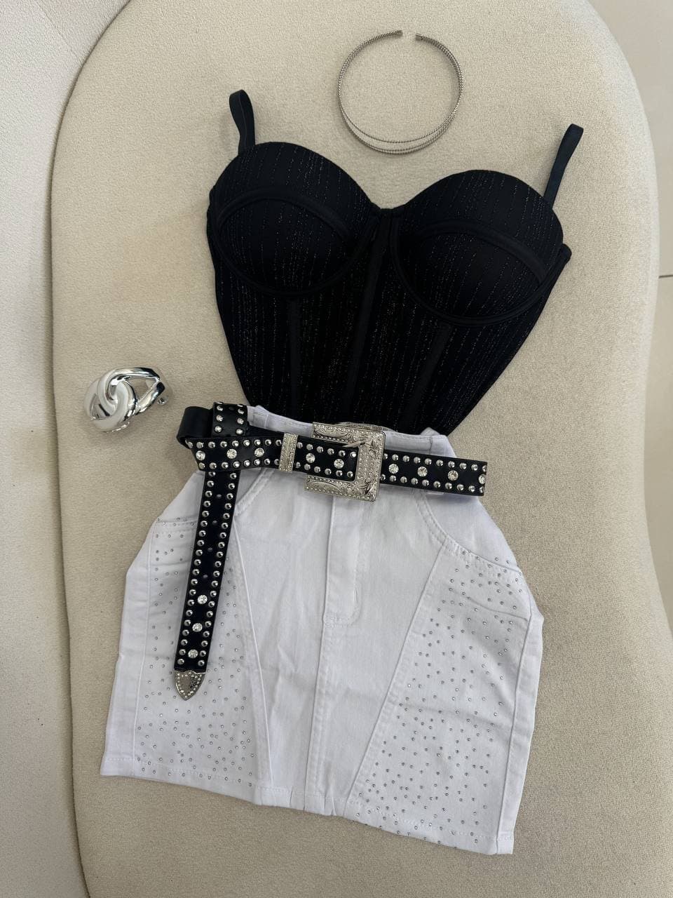 Saia Jeans Branca com Strass