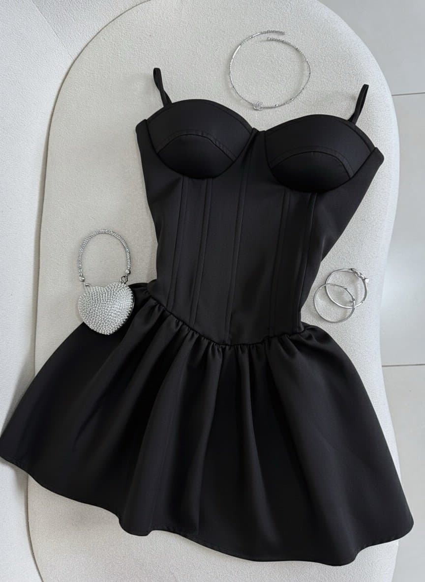 Vestido Corset Alcinha Rodado Alfaiataria Preto