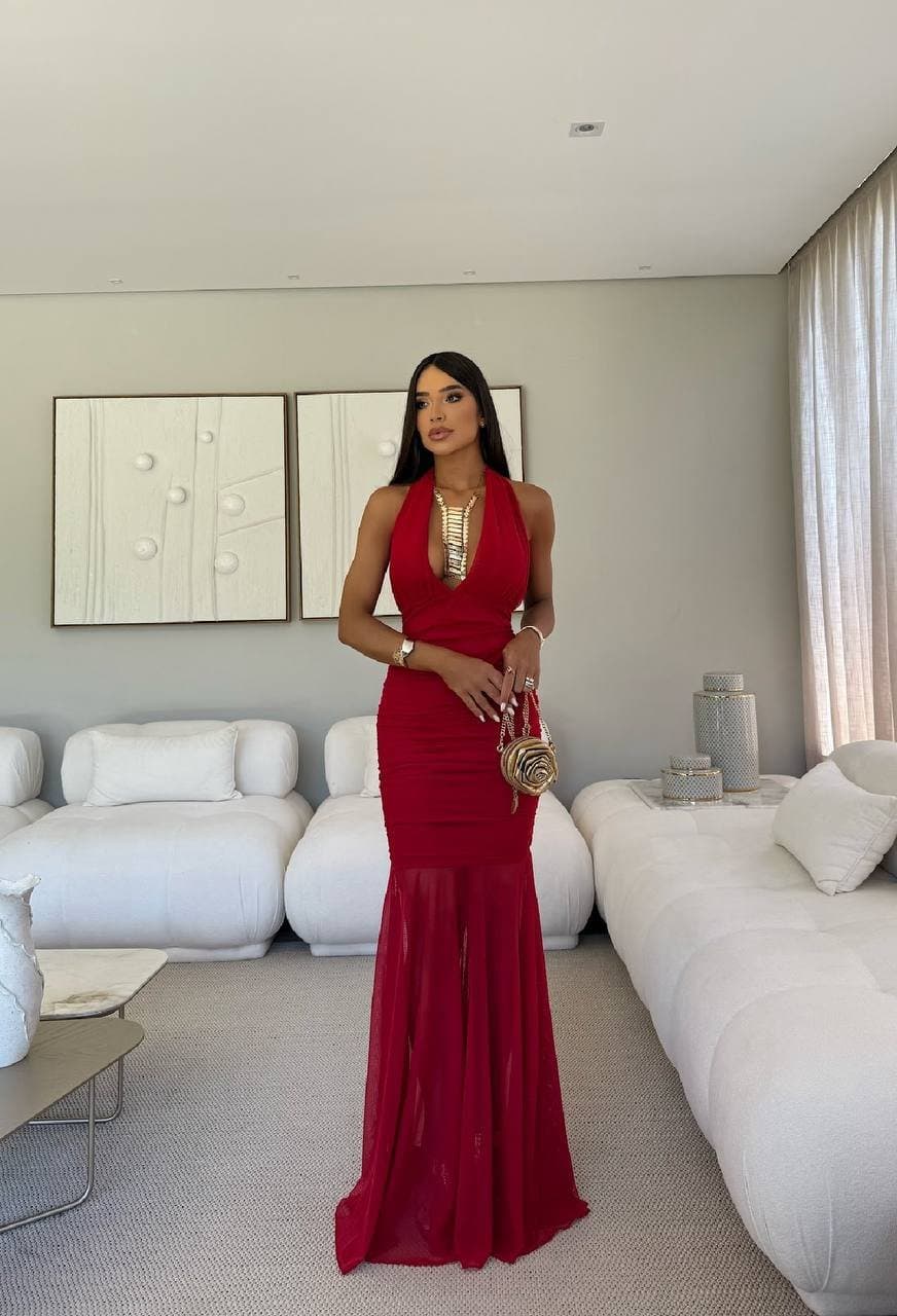 Vestido Longo Tule Aurora Vermelho