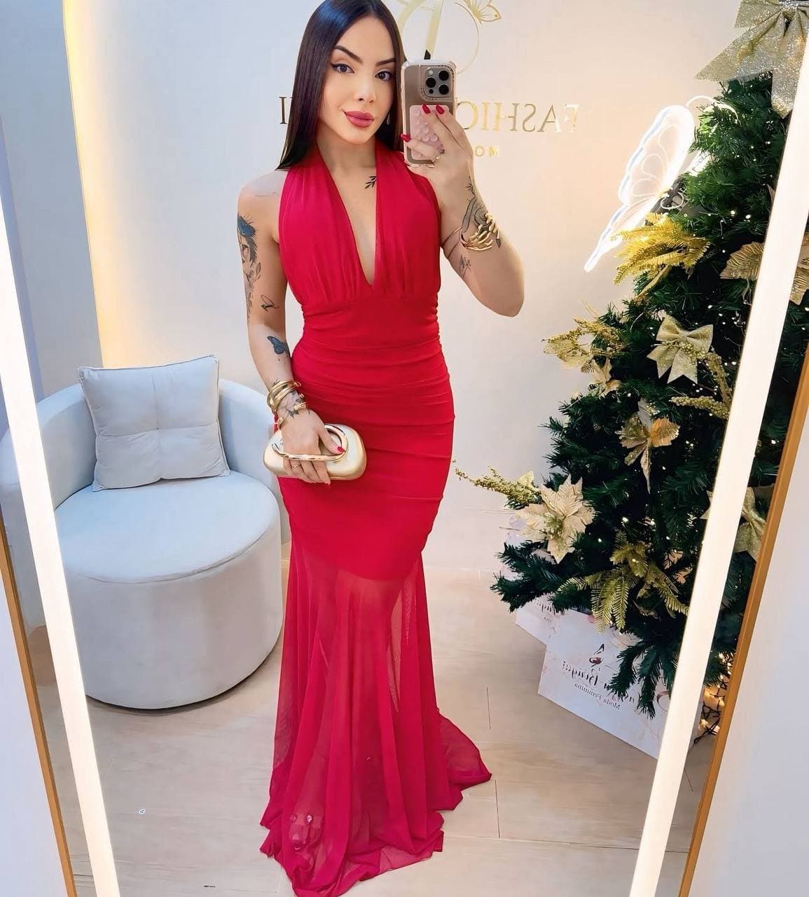 Vestido Longo Tule Aurora Vermelho