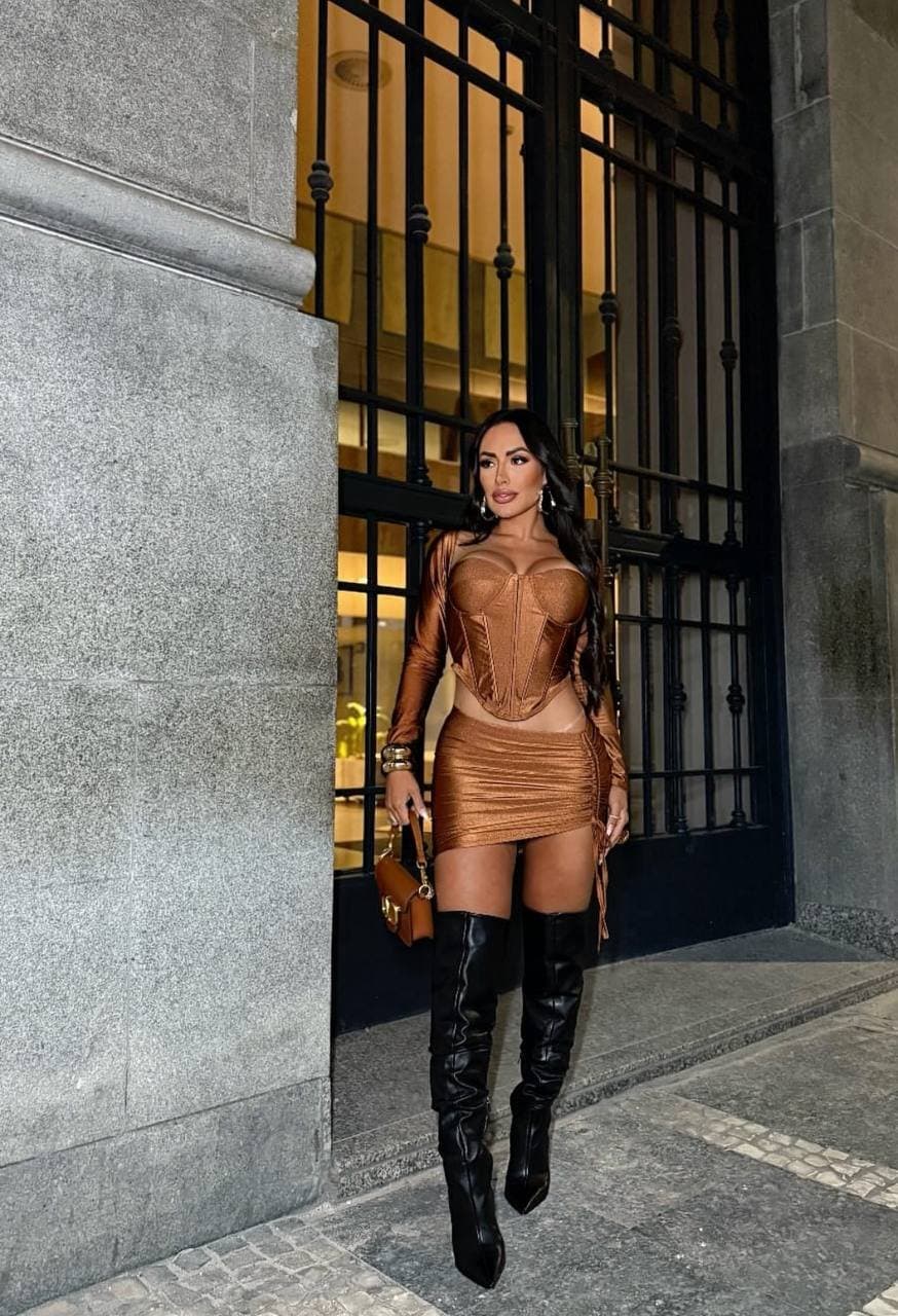 Conjunto Corset Alexia Acetinado Marrom