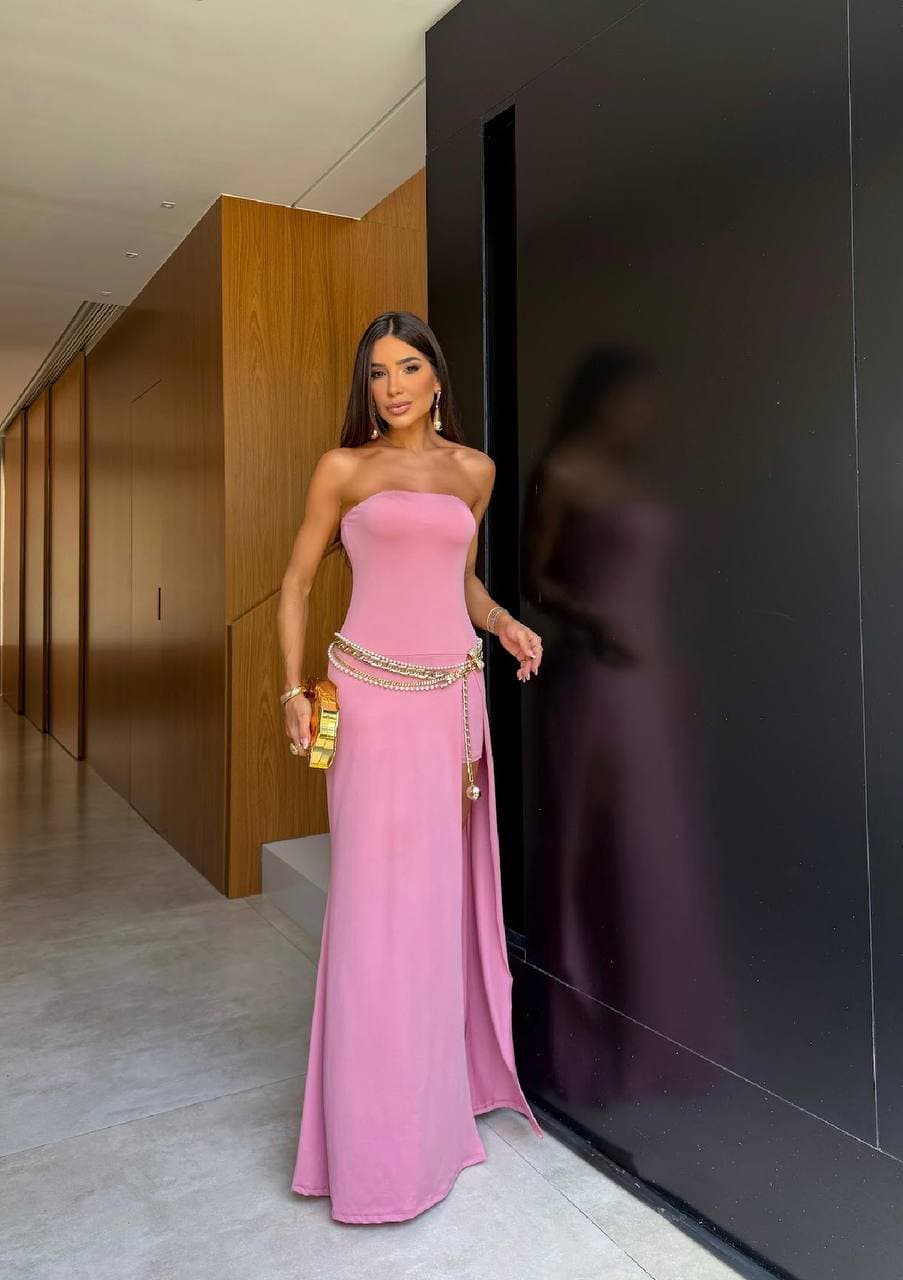 Vestido Longo Jordana com Fenda Rosa