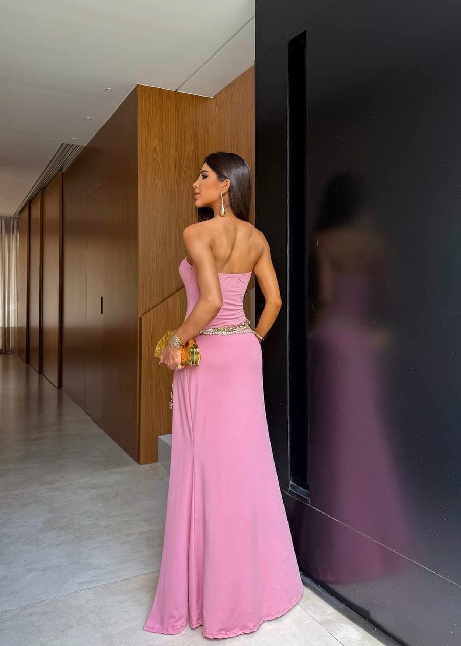Vestido Longo Jordana com Fenda Rosa