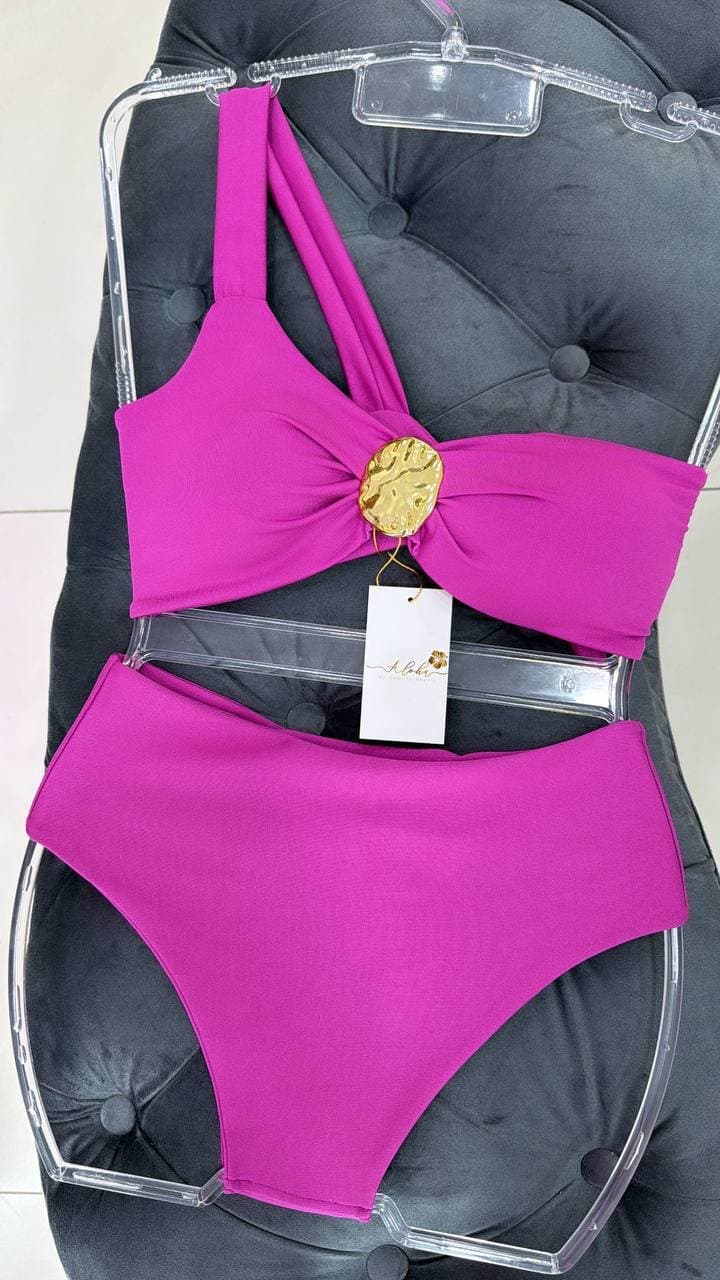 Biquíni Hot Pants Cos Alto Manga Única Fúcsia