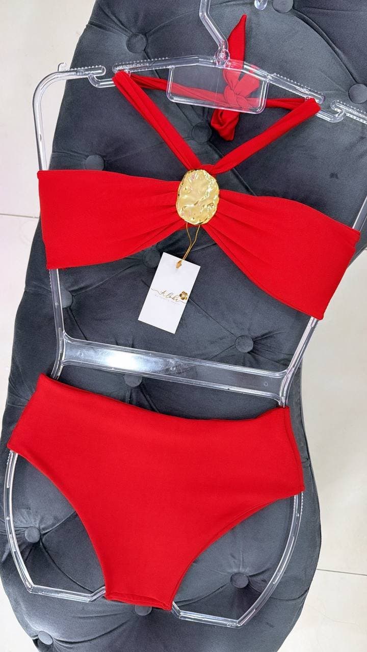 Biquíni Hot Pants Cos Alto Fivela Dourada Orgânica Vermelho