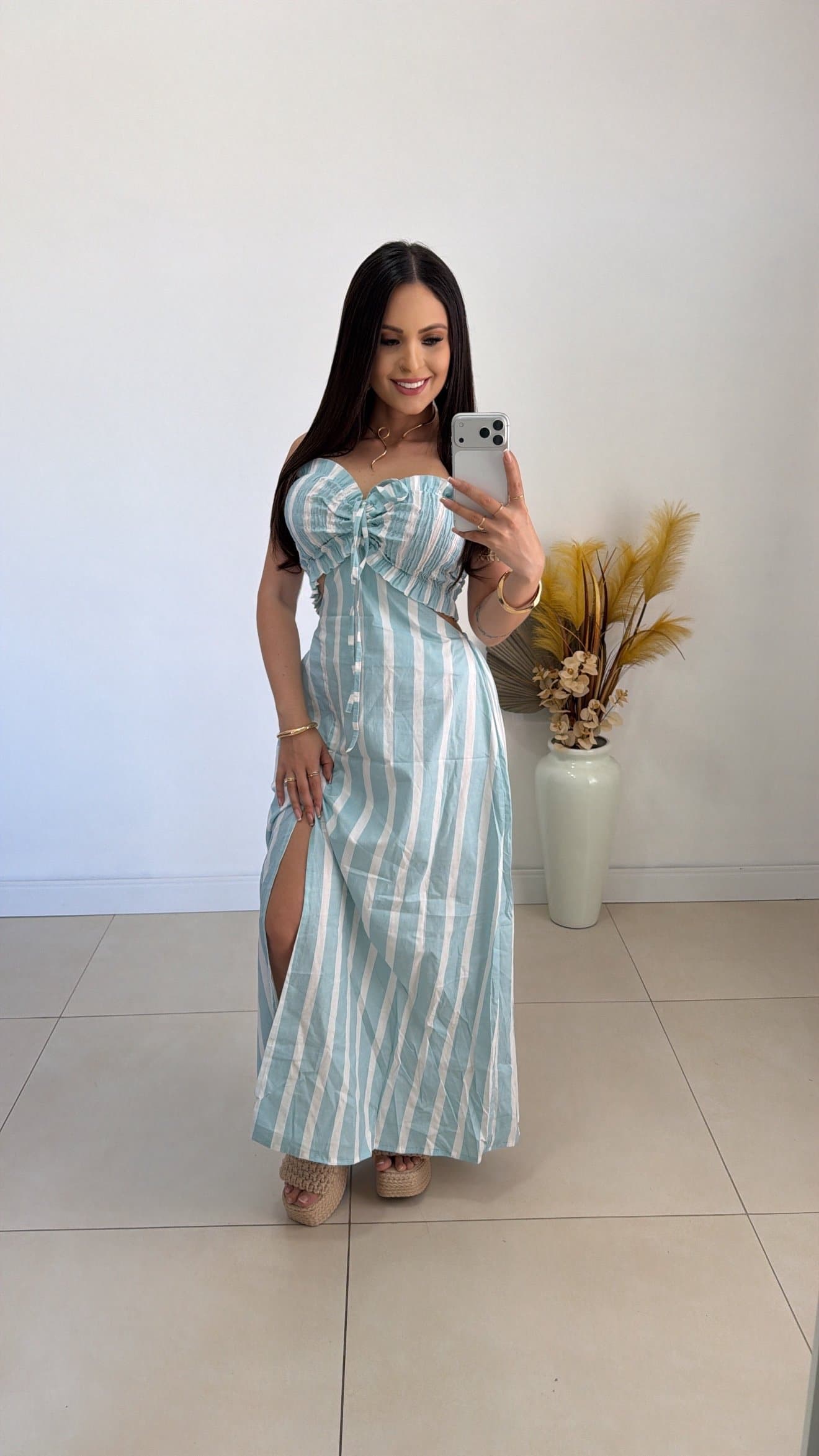 Vestido Longo Listrado com Lastex no Busto