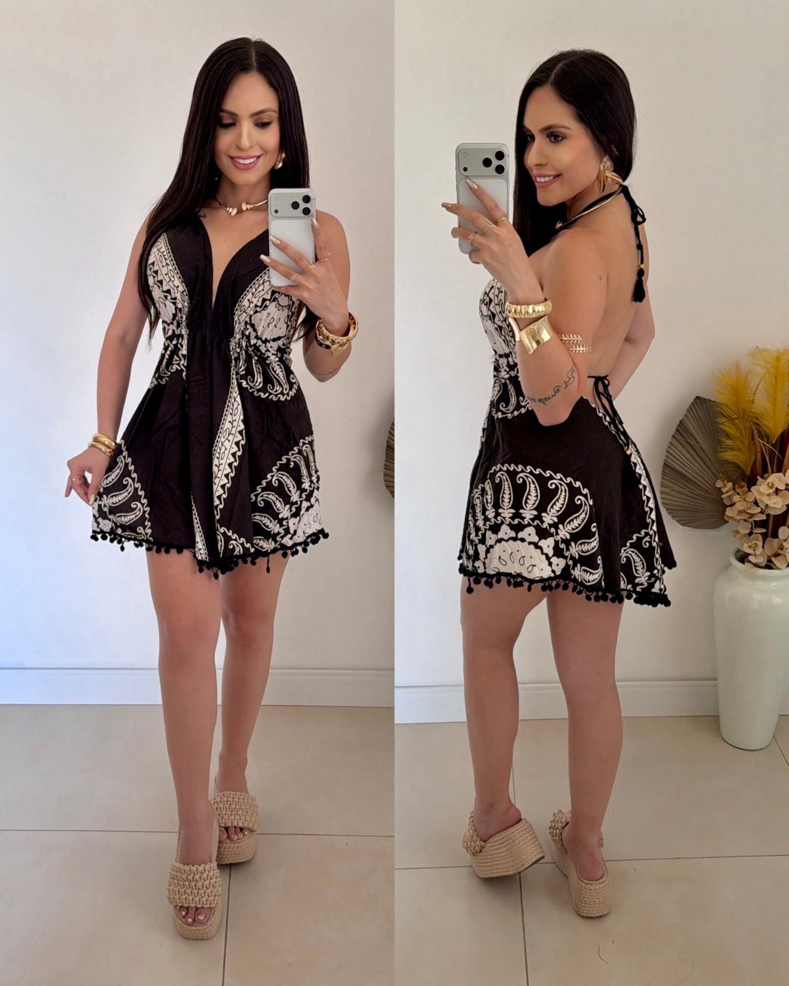 Vestido Indiano Curto Black and White