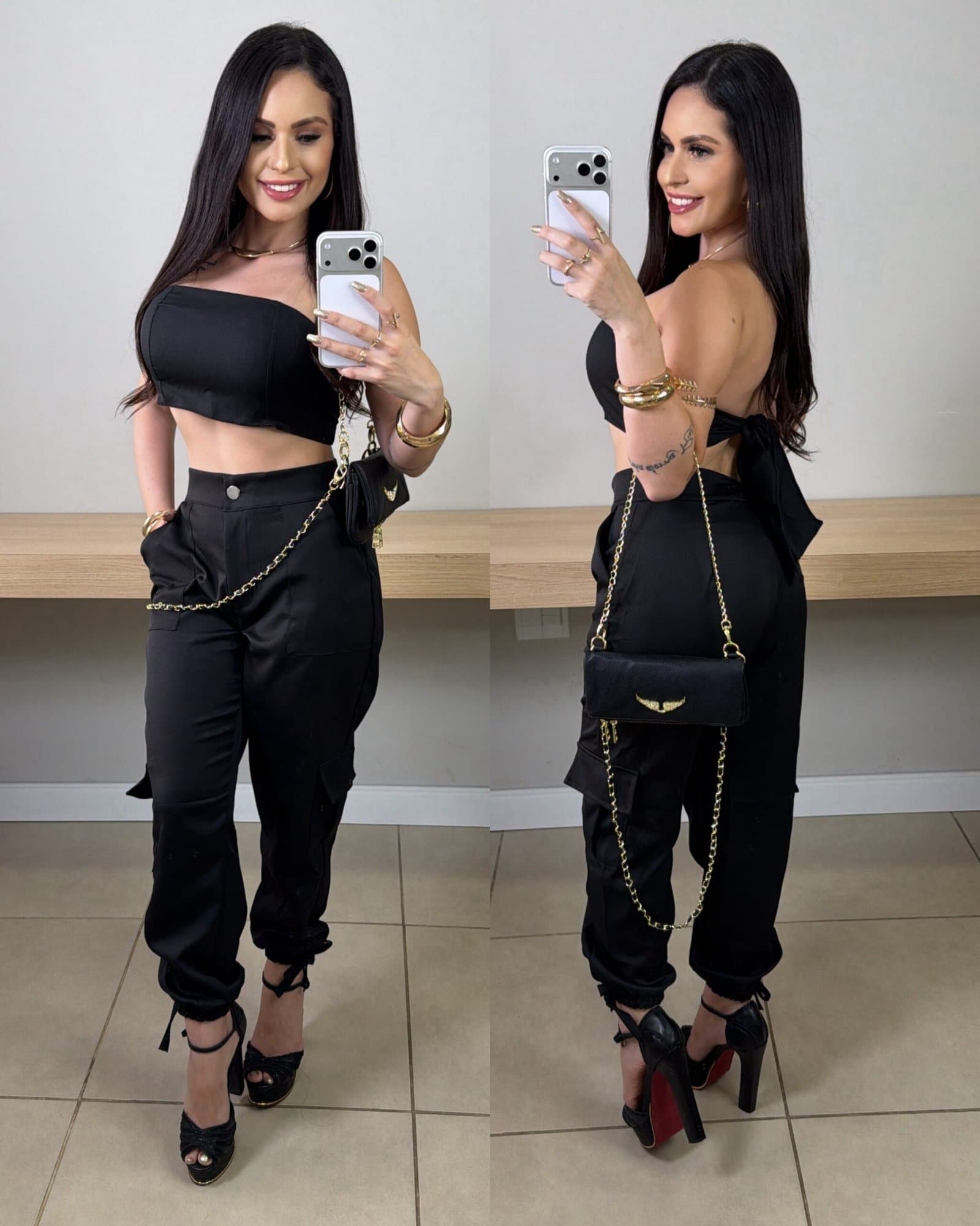 Bolsa Duas Alças Angel Preto com Dourado