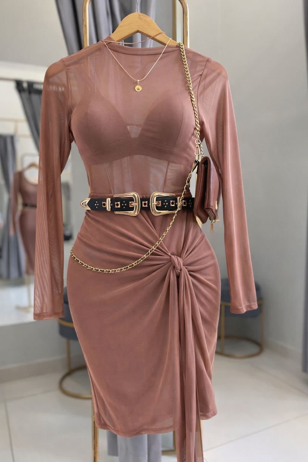 Conjunto de Body + Saia em Tule Marrom