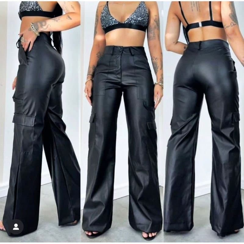 Calça Wide Leg Courino Cargo Preta