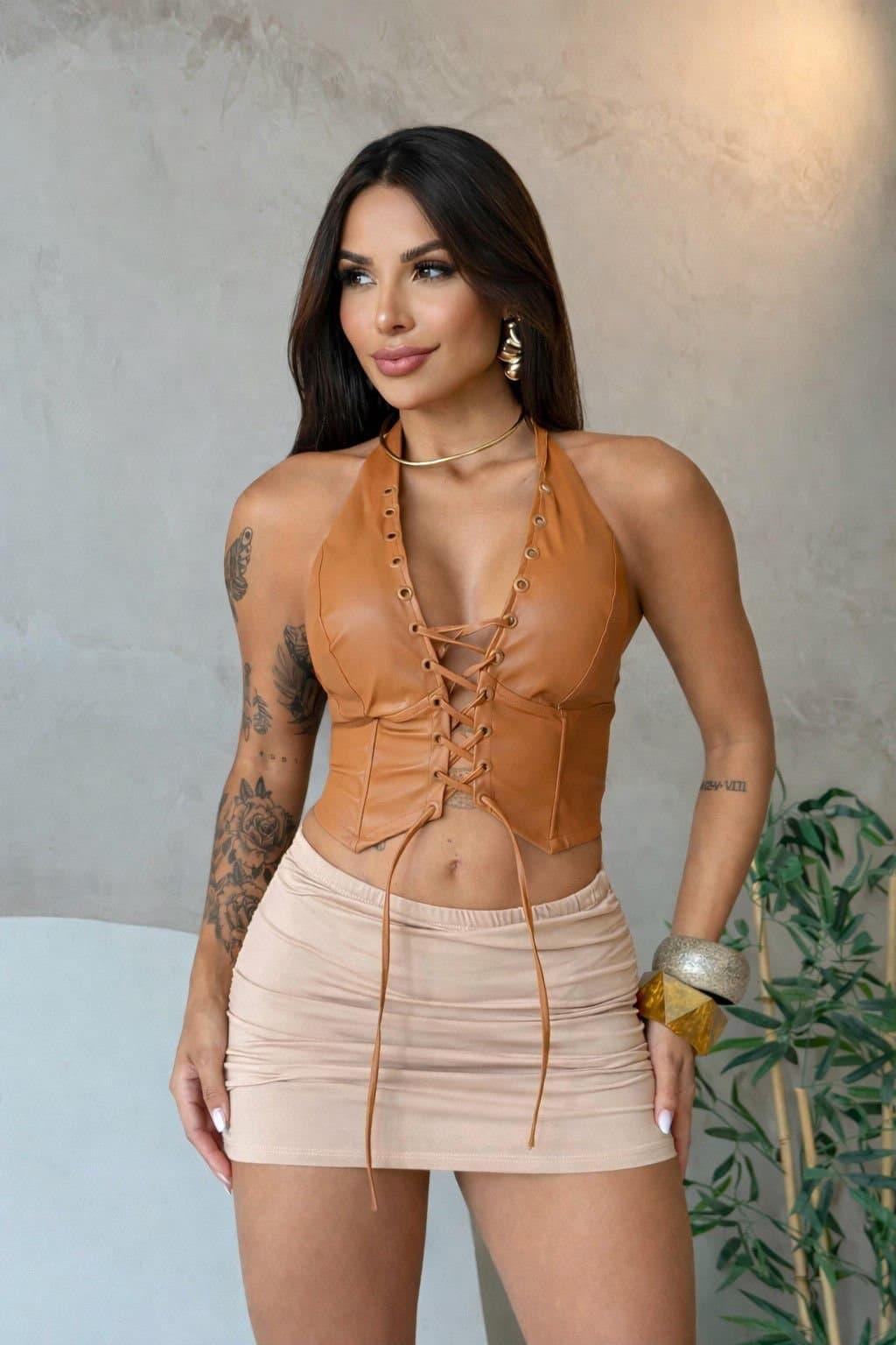 Cropped Corset Courino Ilhós Prata