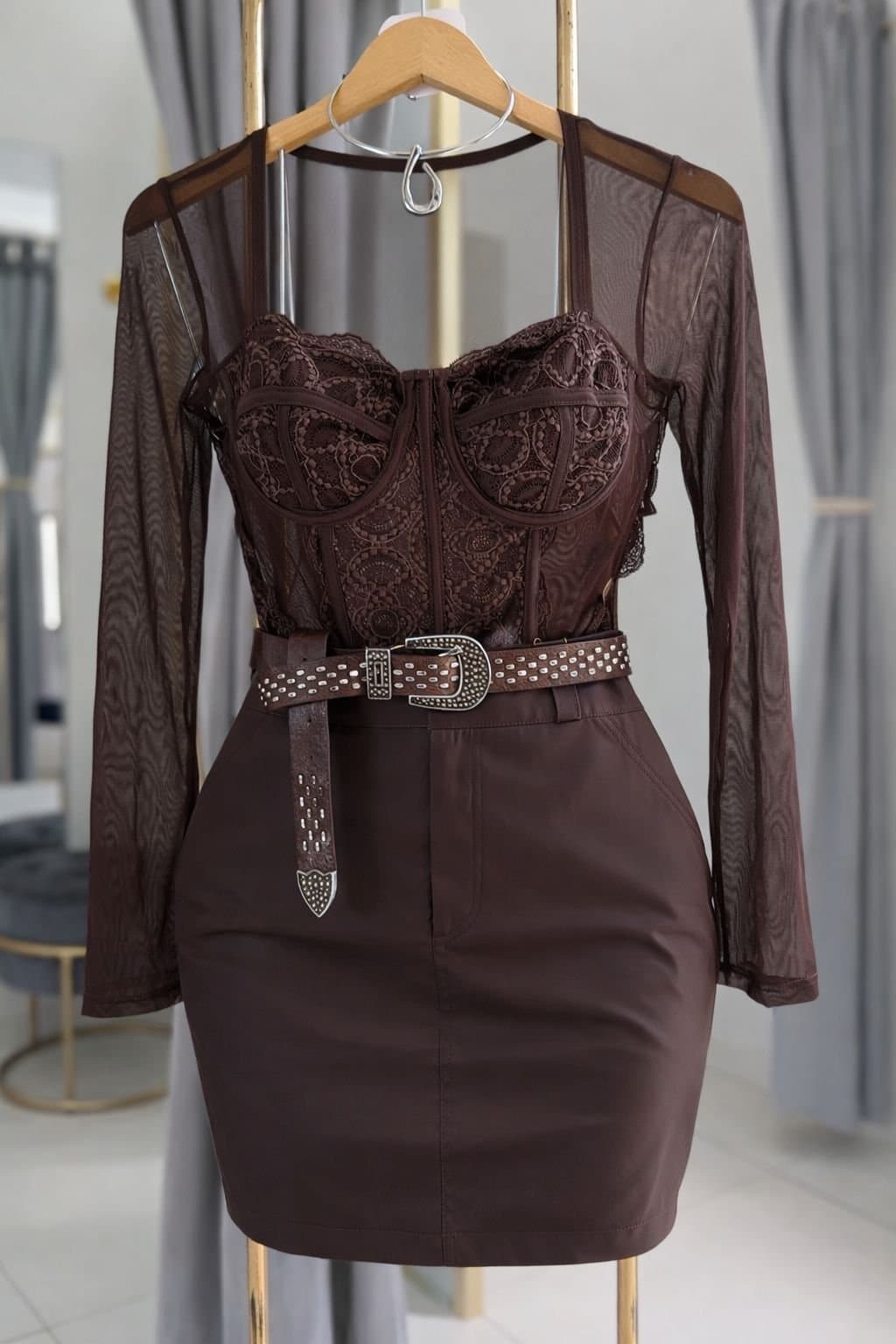 Saia/shorts Botão Courino Marrom