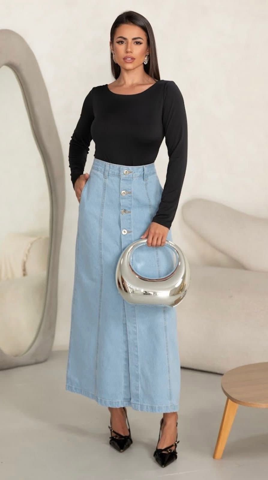 Saia Longa Jeans Botões