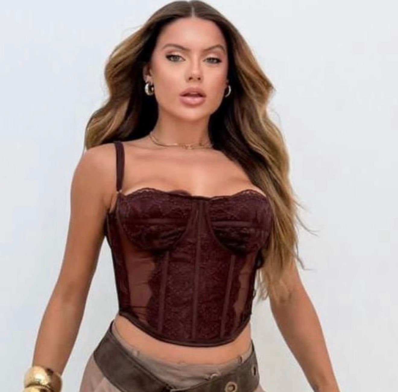 Cropped Corset de Renda com Tule