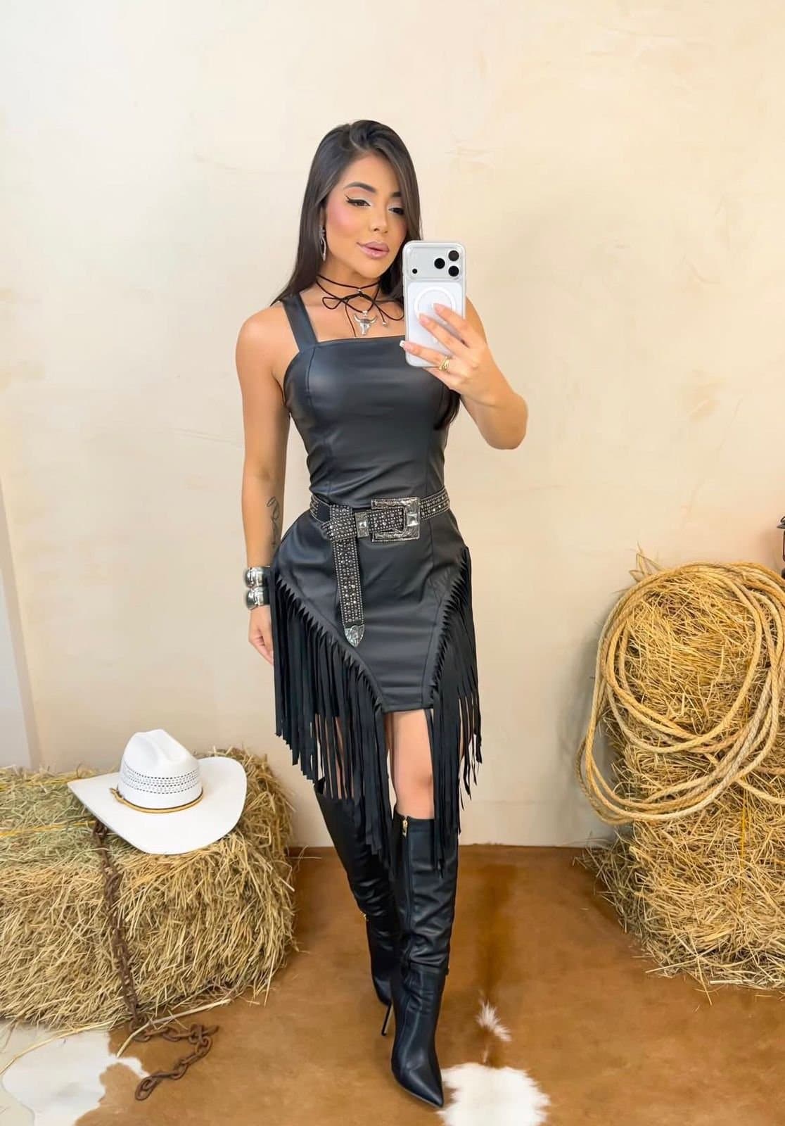 Vestido Courino com Franjas Fran Preto