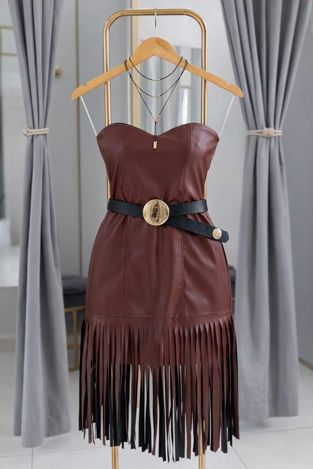 Vestido Courino Tomara que Caia com Franjas Mid Marrom