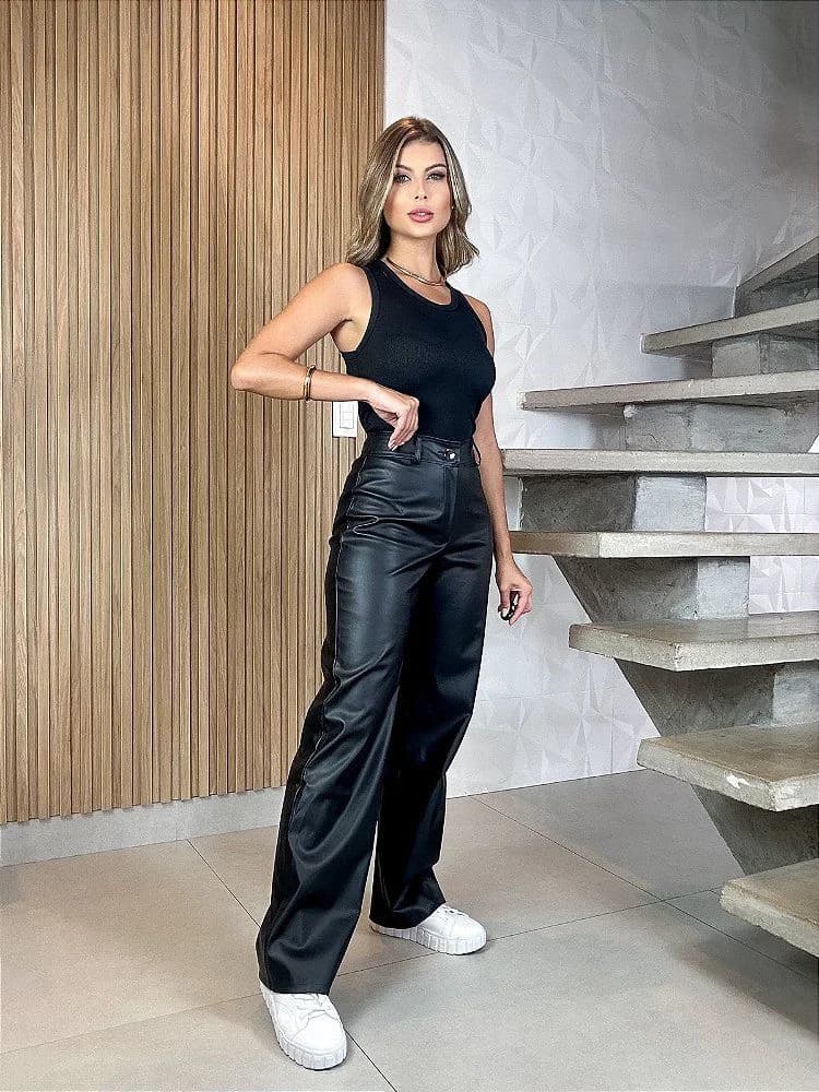 Calça Wide Leg Courino Liso