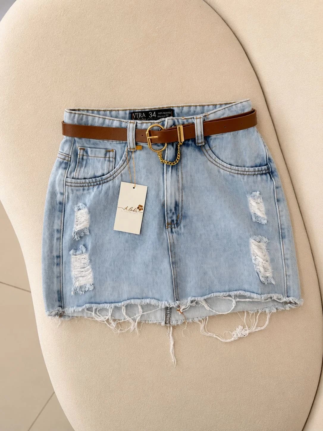 Saia Jeans Clara com Cinto Marrom FINO