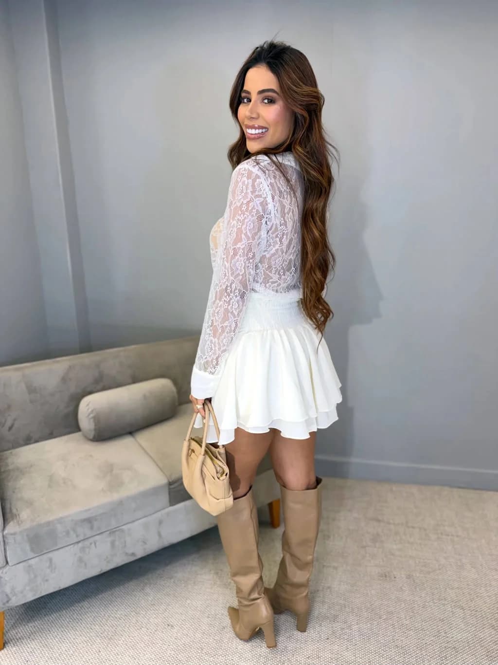 Vestido/macaquinho Chiffon com Renda