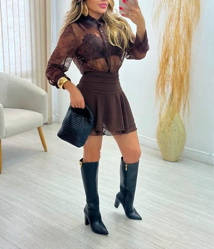 Vestido/macaquinho Chiffon com Renda