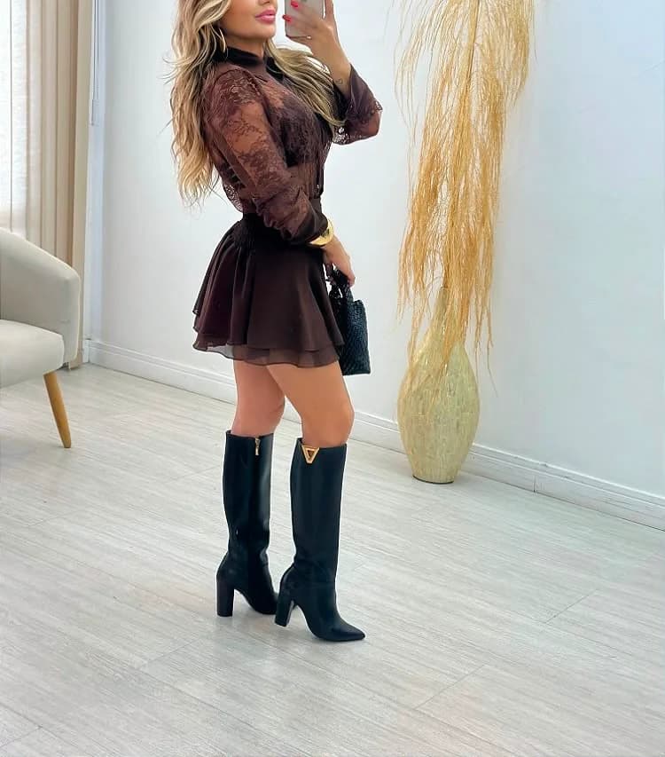 Vestido/macaquinho Chiffon com Renda
