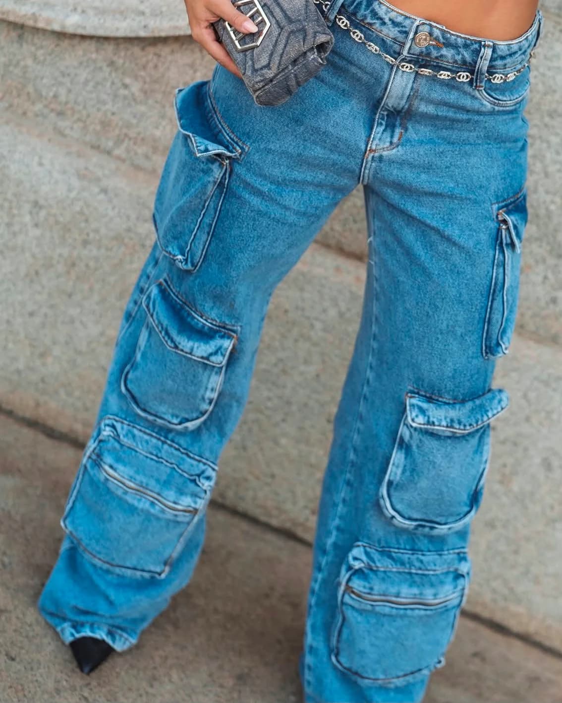 Calça Wide Leg Jeans Melinda Larissa Cargo