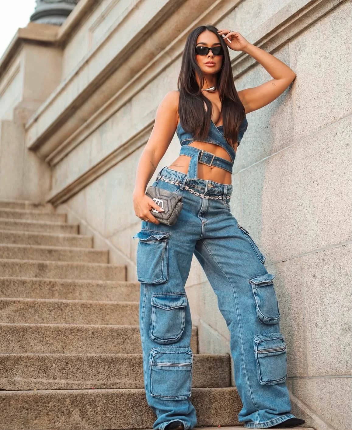 Calça Wide Leg Jeans Melinda Larissa Cargo