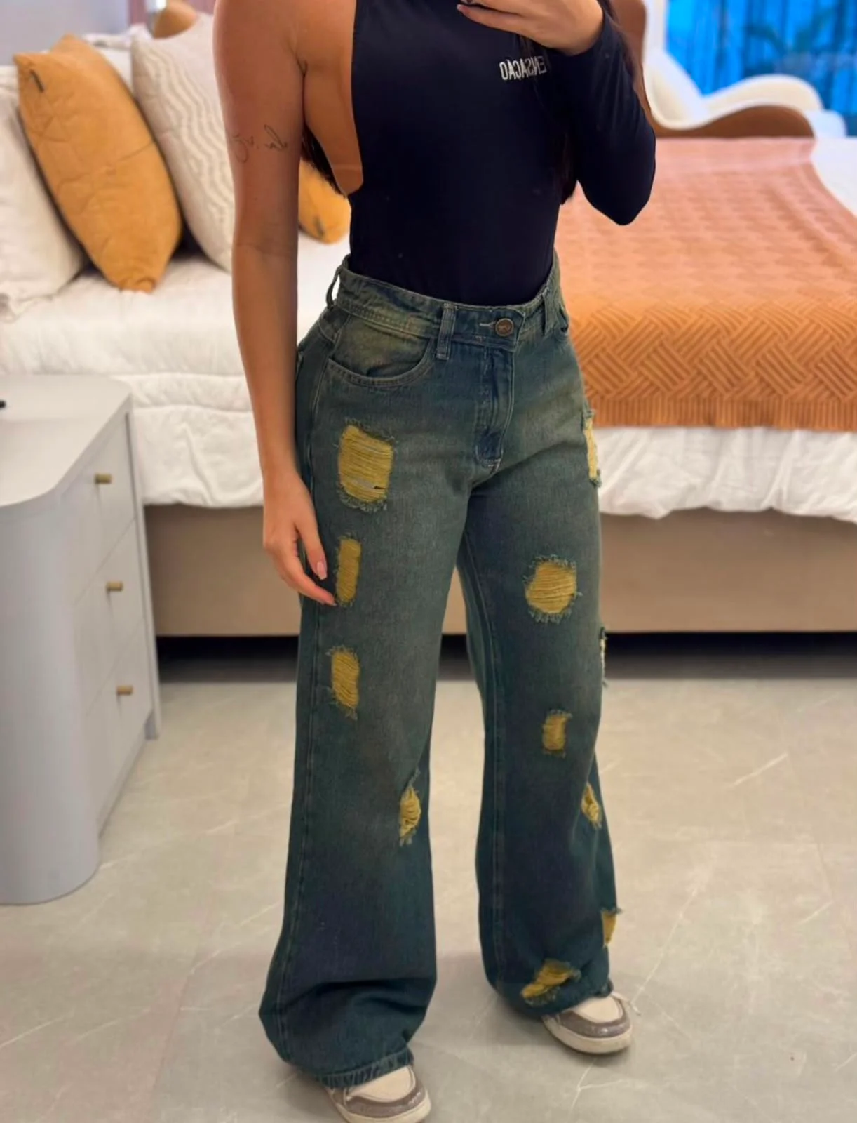 Calça Jeans Sensação Wide Leg Destroyed