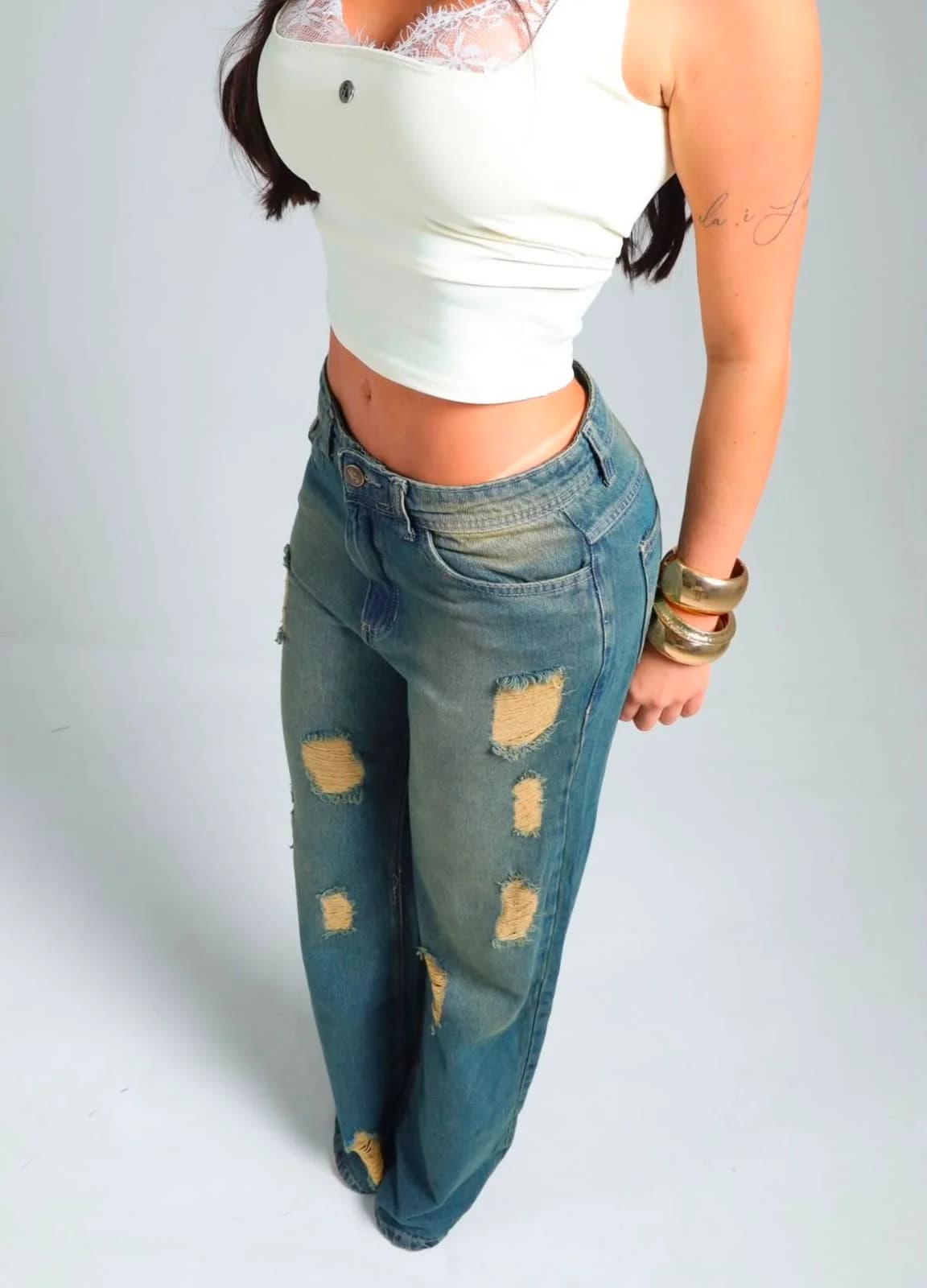 Calça Jeans Sensação Wide Leg Destroyed