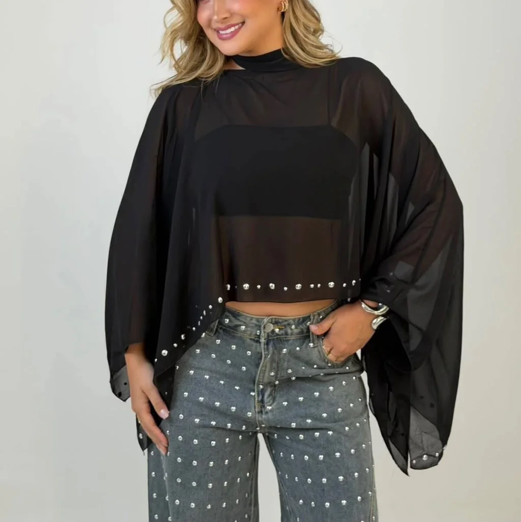 Blusa Bata de Tule Choker com Aplicação