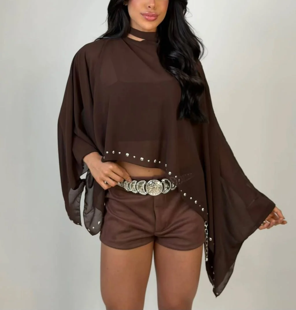 Blusa Bata de Tule Choker com Aplicação