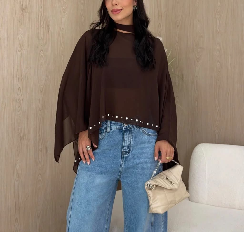 Blusa Bata de Tule Choker com Aplicação
