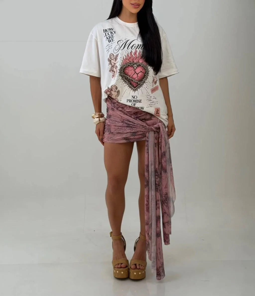 Saia de Tule com Cauda Drapeada Rosa Estampada