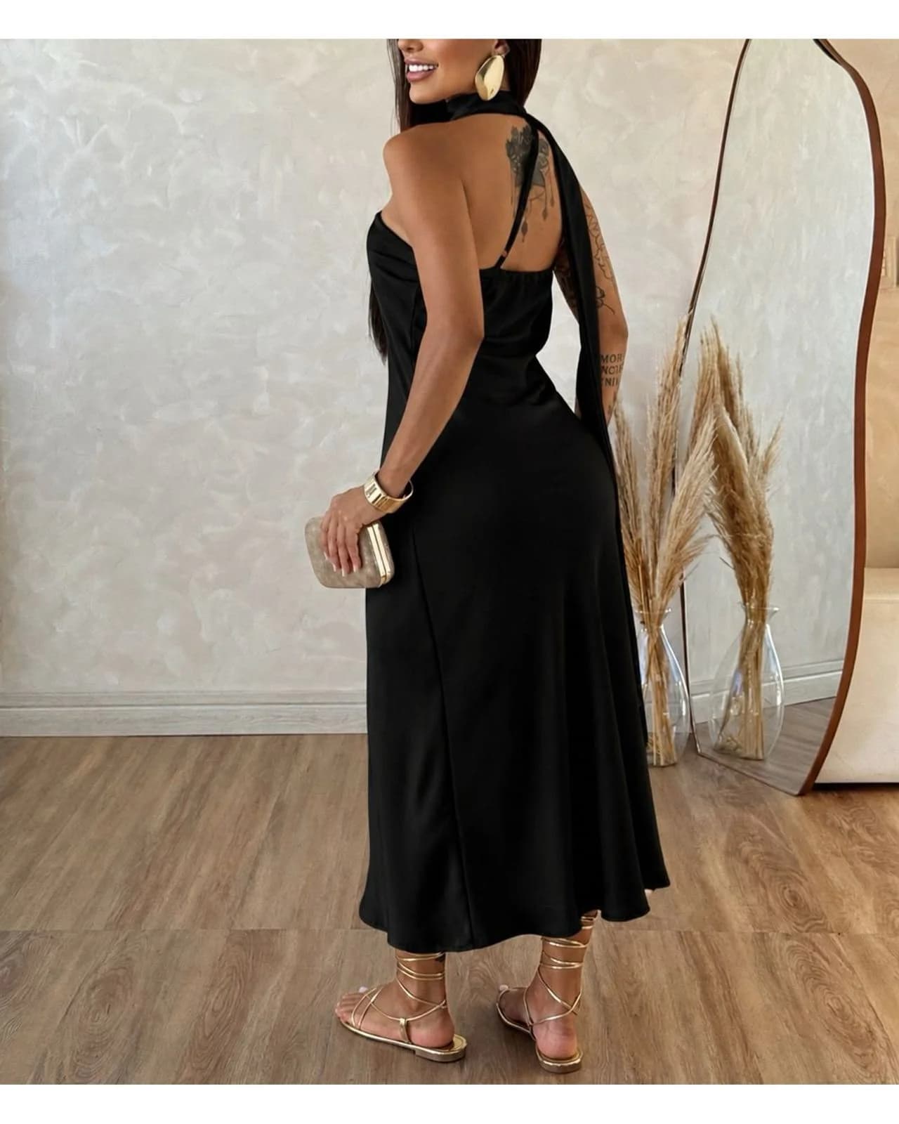 Vestido Longo Cetim Faixa Choker