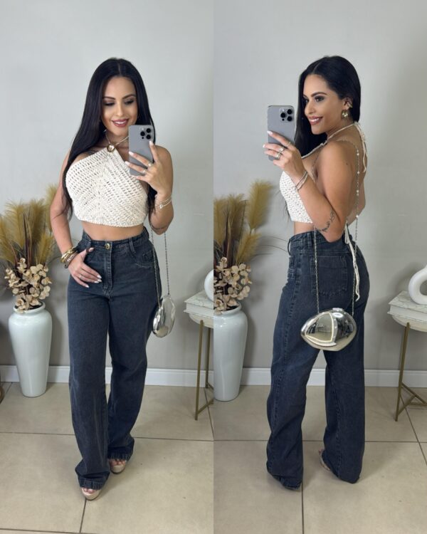 Calça Jeans Wide Leg Grafite Estonada