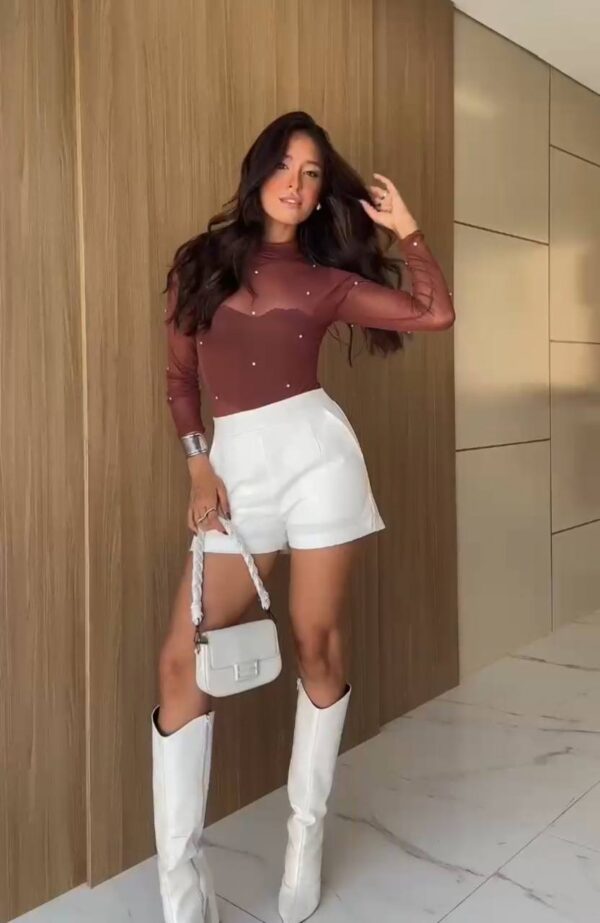 Body Tule Maite Aplicação Strass Marrom - Imagem 2