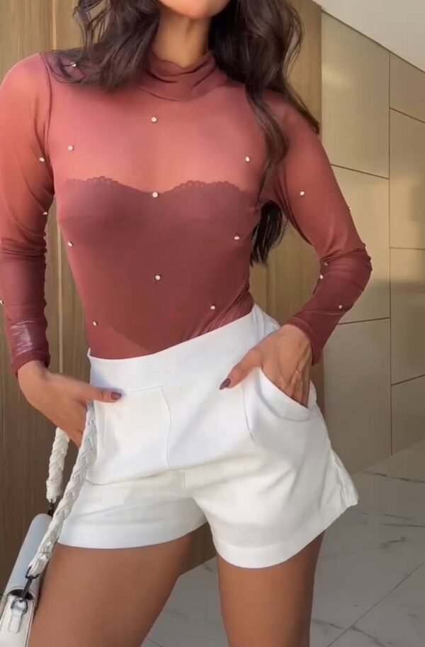 Body Tule Maite Aplicação Strass Marrom - Imagem 3