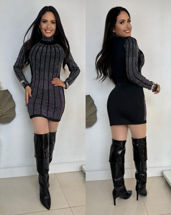 Vestido Manga Longa Preto Com Strass Luxo - Imagem 3