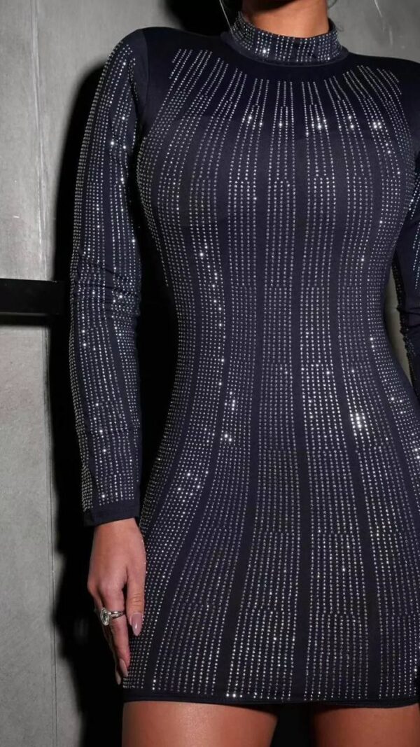 Vestido Manga Longa Preto Com Strass Luxo - Imagem 8
