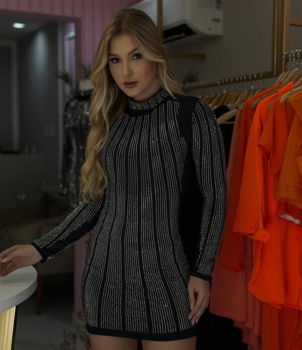 Vestido Manga Longa Preto Com Strass Luxo - Imagem 10