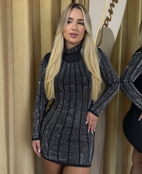 Vestido Manga Longa Preto Com Strass Luxo - Imagem 5