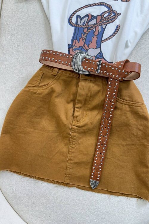 Saia Jeans Caramelo Barra Desfiada