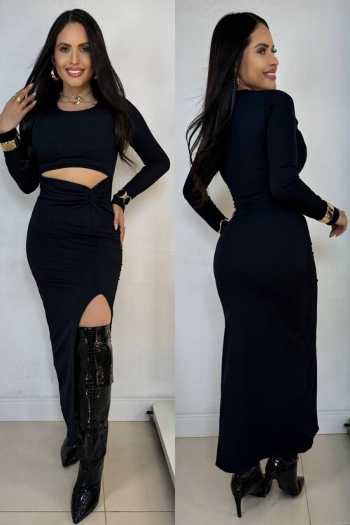 Vestido Mid Canelado Nozinho com Fenda Preto