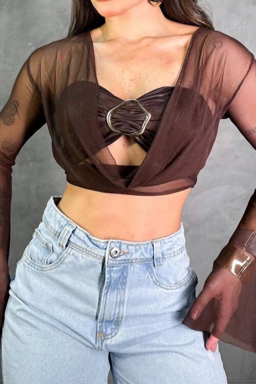 Conjunto Cropped Larissa Top + Tule Marrom