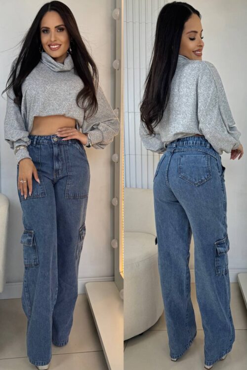 Calça Jeans Wide Leg Cargo Azul
